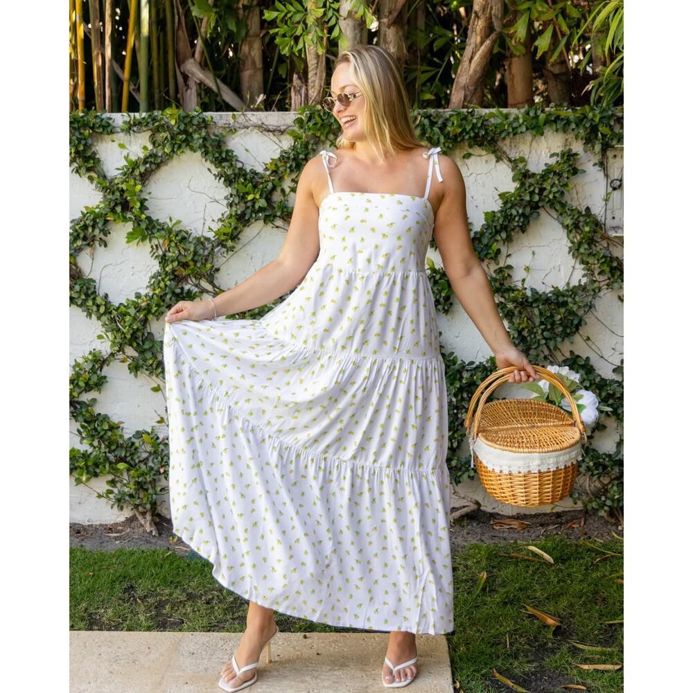 Kenny Flowers The Amalfi Lemon Print White Cotton Resort Midi Dress Medium